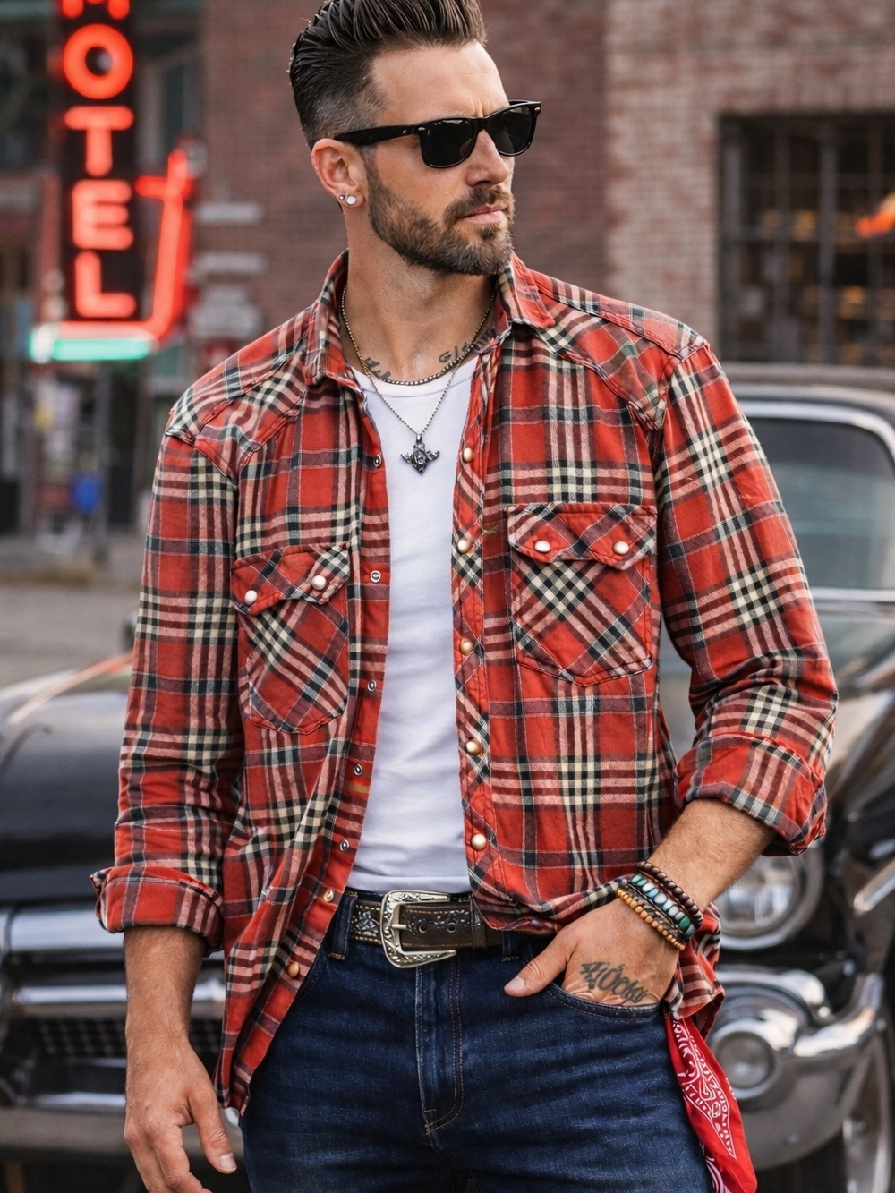 Western Pearl Snap Shirt Red Plaid Cowboy Ranch Retro Rockabilly Vintage L